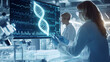 © Nattawaw bbt - team of scientists working in a medical lab, analyzing the twisting 3D helix of DNA on screens, surrounded by medical