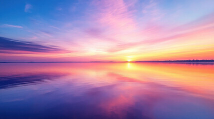 A serene lake reflecting the colorful sunset sky, with the water perfectly still and the horizon glowing with soft light.