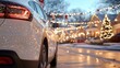 © Anna - Festive winter evening with car parked on snow-covered street adorned with holiday lights.