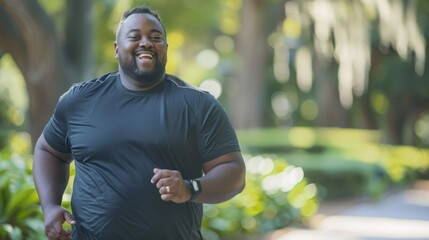 A man is running in a park with a smile on his face