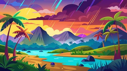 Poster - landscape with rainbow