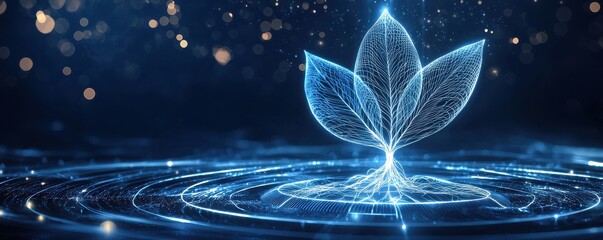 Wall Mural - abstract futuristic digital illustration featuring a glowing holographic plant in a technological en