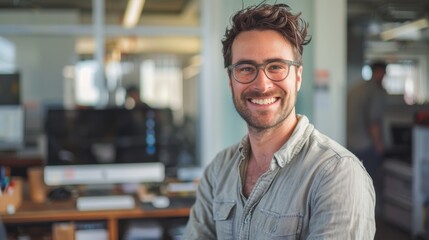 Poster - A man with glasses is smiling
