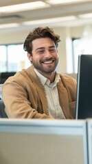Fototapete - A man is smiling and sitting in front of a computer