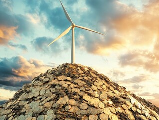 Wall Mural - Wind Turbine on a Pile of Coins Representing Renewable Energy Investment and Financial Growth