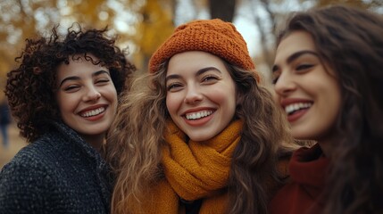 Wall Mural - Photo of company friends women toothy smile good mood free time chill walk city park outdoors