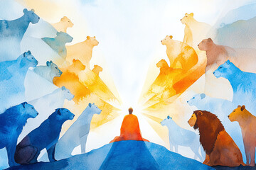 religious watercolor illustration of Daniel in the lions' den, surrounded by peaceful beasts