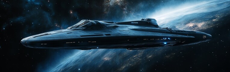 Poster - Futuristic spaceship gliding through the starry cosmos in a breathtaking display of space exploration at twilight