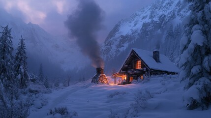 Canvas Print - Winter cabin nestled in a snowy mountain valley, with smoke rising from the chimney and a warm, inviting glow from the windows. 4K hyperrealistic photo.