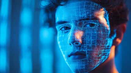 A man with digital facial recognition overlays on a blue backgro