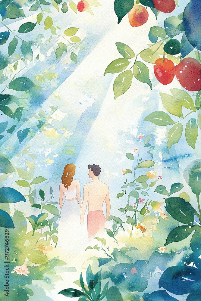 religious watercolor illustration of Adam and Eve in the Garden of Eden ...