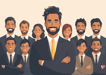 Wall Mural - Successful business leader standing confidently with diverse team, minimalistic half-figure group illustration showcasing teamwork and leadership in a professional setting, daytime, optimistic mood