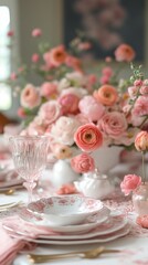  romantic tablescape with pink and white pieces in a modern dining room . wedding table setting 