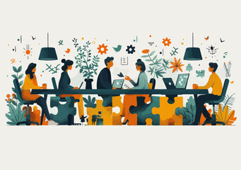 Wall Mural - Collaborative Team Meeting with Puzzle Pieces Discussing New Project in Minimalistic Vector Illustration, Concept of Consensus and Teamwork in Office Environment with Laptops and Plants