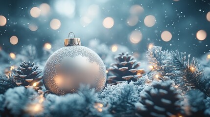 Mockup of a blank holiday ornament on a snow-covered wreath, with twinkling lights and pinecones adding a festive touch, perfect for winter decoration designs. 4K hyperrealistic photo.