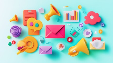 Fototapete - Colorful illustrations of communication icons and symbols arranged on a light background, highlighting modern messaging concepts