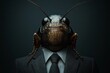 © Halina Berah - On a black background, a portrait of a cockroach wearing a suit.