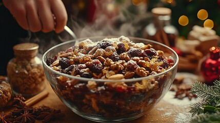 Mixing a bowl of Christmas pudding, with dried fruits, nuts, and spices, surrounded by holiday ingredients. 4K hyperrealistic photo.