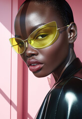 Close-up of a stylish woman wearing futuristic yellow sunglasses with a glossy leather jacket. A bold and modern look with a vibrant pink background.