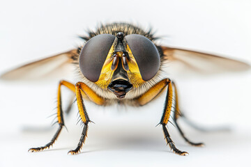 close-up photograph of a detailed fly, capturing its intricate eyes, body hair, and delicate wings a