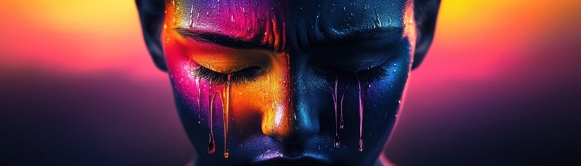 Wall Mural - Vibrant Artistic Portrait of a Person with Colorful Paint Dripping on Face Against a Gradient Background