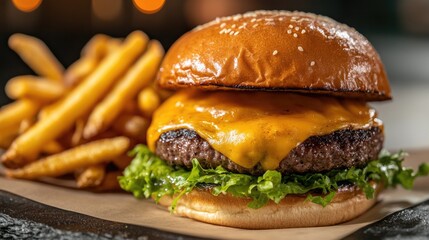 Beef tenderloin burger with melted cheese and lettuce, served on a brioche bun with a side of crispy, golden fries