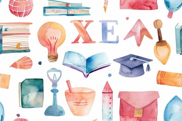 Colorful watercolor elements ideal for education or study themes, featuring books, light bulbs, and stationery.