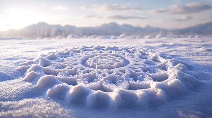 Wall Mural - Snowflakes arranged in a perfect spiral on a snowy field, each flake contributing to a larger geometric design. 4K hyperrealistic photo.