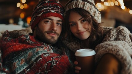 Couple snuggled up under a blanket, watching a Christmas movie together with warm drinks in hand. 4K hyperrealistic photo.