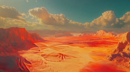 Poster - Heatmap of a desert landscape, with intense reds and oranges marking the hottest areas and cooler blues in the shaded or elevated regions. 4K hyperrealistic photo.