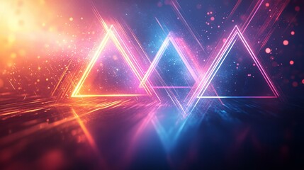 Wall Mural - Dynamic abstract composition with neon triangles and linear streaks over a radiant gradient background