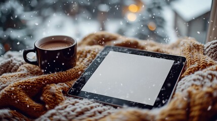 Winter mockup of a blank iPad screen on a cozy blanket, with a cup of hot cocoa and snowflakes falling outside, ideal for winter app promotions. 4K hyperrealistic photo.