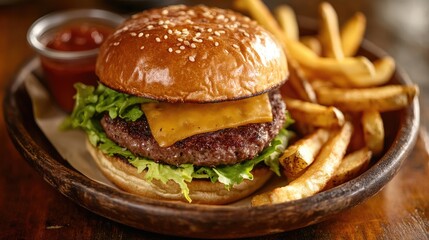 Close-up of a beef tenderloin burger topped with cheese, lettuce, and served with golden crispy fries on a rustic plate