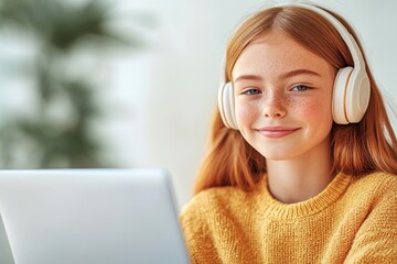 Young girl with red hair wearing headphones smiles while using a laptop in a bright, cozy indoor setting during midday