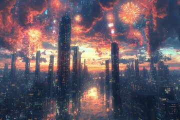 Futuristic city skyline with colorful sci fi inspired cityscape and vibrant fireworks display