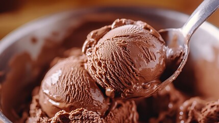 scooping chocolate ice cream close up shot, shallow focus with dark background and movement