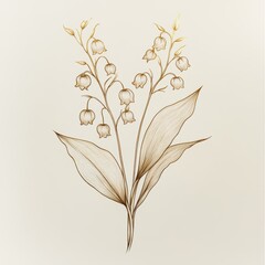 Elegant hand-drawn illustration of a lily of the valley flower with fine details and a minimalist background, perfect for use in botanical studies, art prints, and nature-themed designs,