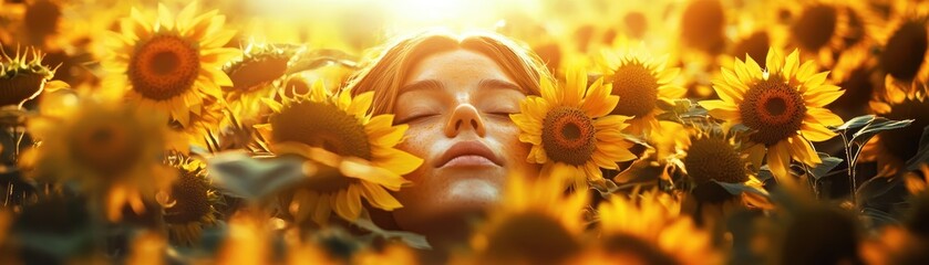 Woman Relaxing in a Field of Sunflowers at Sunset with Golden Light and Peaceful Expression