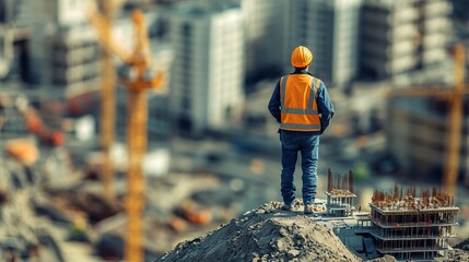 A construction worker in safety wear and vest explores a detailed building model on a site, symbolizing the attention to detail and commitment in the construction industry.