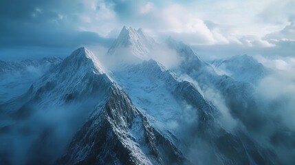 Canvas Print - Aerial view of a dramatic mountain range, with jagged peaks dusted with snow and misty clouds swirling around the summits. 4K hyperrealistic photo.