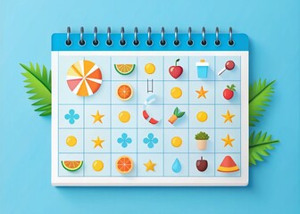 Vibrant illustration of a June calendar page against a soft blue background, with colorful icons and patterns