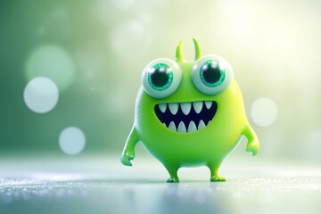 An Stock fantasy illustration of a green virus character with a happy expression