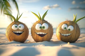 Wall Mural - Animated coconuts, smiling and cheering, Funny, Stock