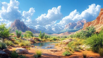 Scenic landscape featuring mountains, water, and lush vegetation.