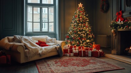 Wall Mural - Cozy living room with a beautifully decorated Christmas tree, gifts under it