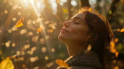 a serene woman enjoys forest bathing session, surrounded by sunlight and falling leaves