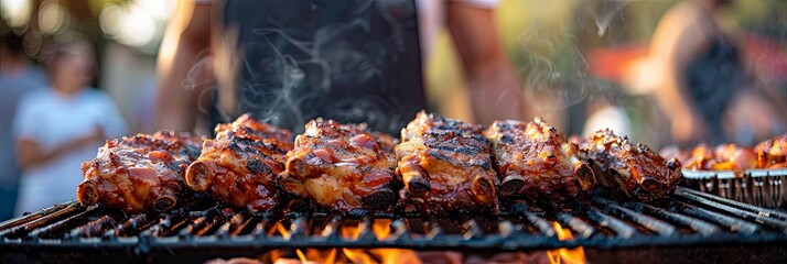 Close-up shot of barbecue ribs cooking on the grill, with delicious, caramelized sauce and fiery flames underneath, perfect for a summer outdoor cookout.