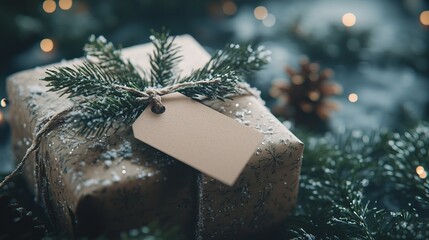 Wall Mural - Winter mockup of a blank gift tag attached to a wrapped present, with snowflakes and pine needles adding a festive touch, perfect for holiday branding. 4K hyperrealistic photo.