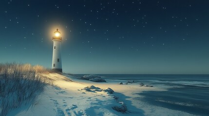 Wall Mural - Snow-covered beach with distant, glowing lighthouse under a clear night sky, with the snow-covered sand reflecting the light of the lighthouse. 4K hyperrealistic photo.