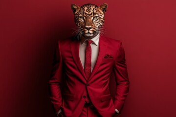 Wall Mural - An orange suit and bow tie on a leopard. Business and fashion concept generative AI